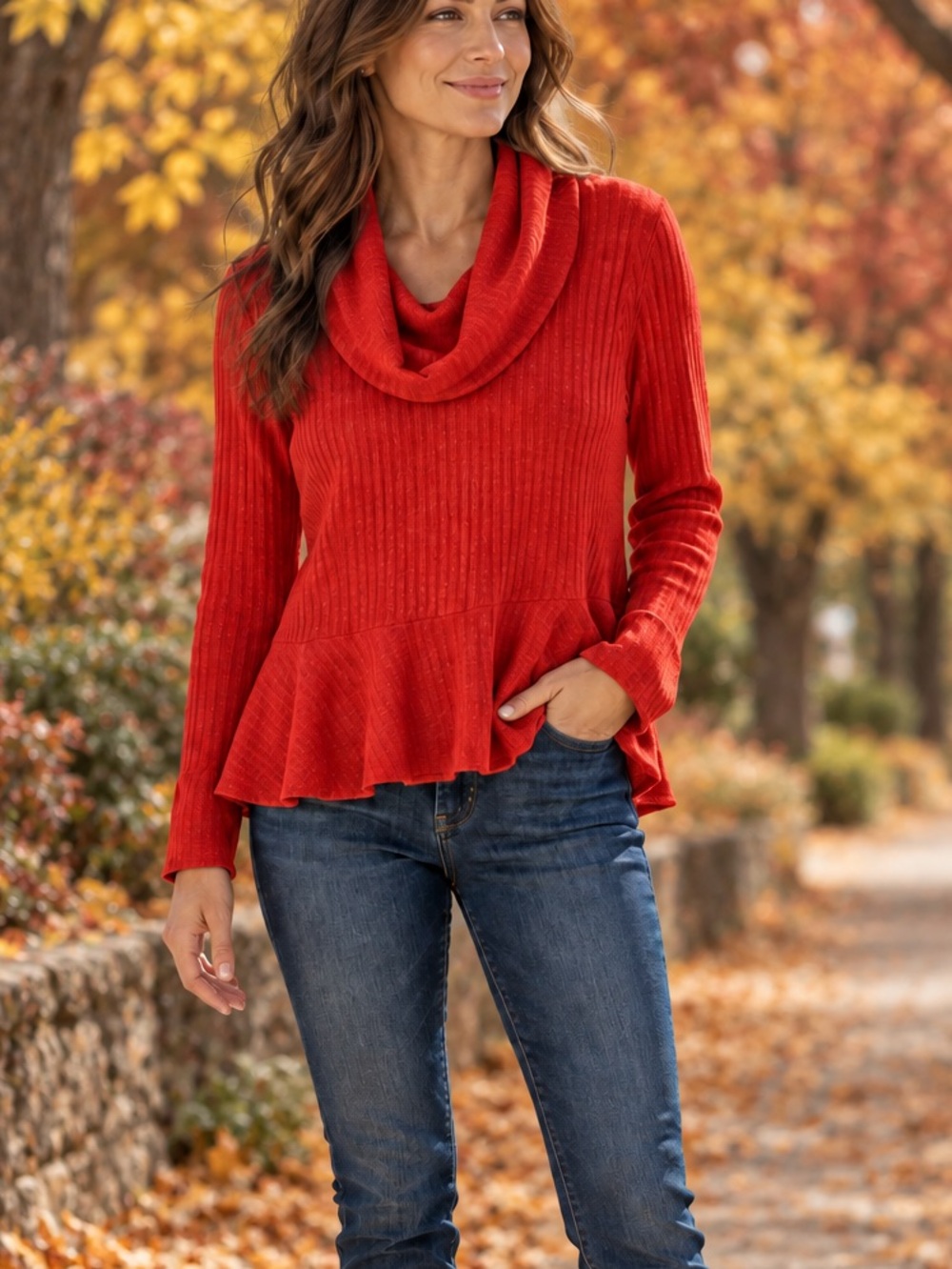 Maeve x Anthropologie Long Sleeve Cowl Neck Peplum Top Orange M Ribbed